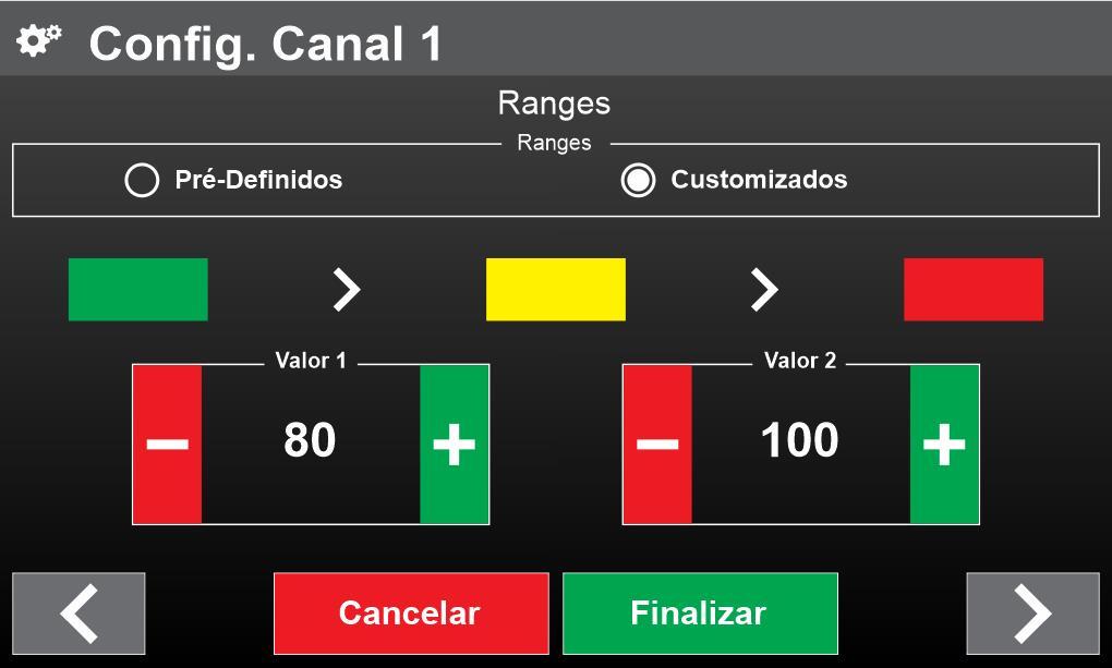 selecione a opção Customizados. Configure o valor que o mostrador vai mudar da cor verde, passando pela amarela, enfim chegando a vermelha.