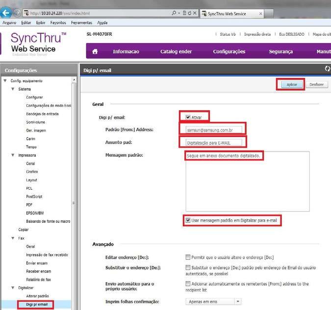 11 8. Configurando E-mail Definições de Remetente: 1. Selecionar Config. Equipamento ; 2. Selecionar a opção de Digi.