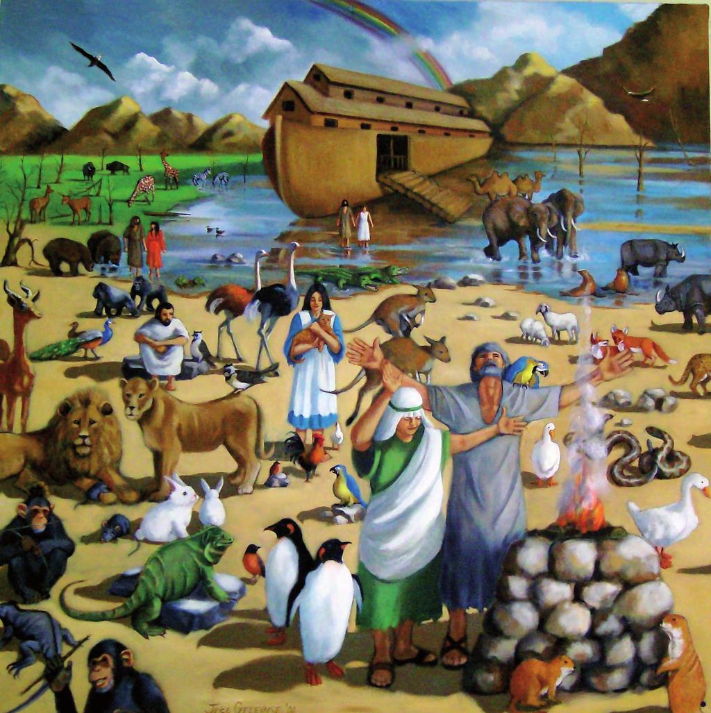 Noé, ao descer da arca com a sua família, observou o lindo lugar e como os animais brincavam livres pela natureza.