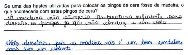 85 do roteiro: o que aconteceria com os pingos de cera se uma das hastes fosse de madeira?