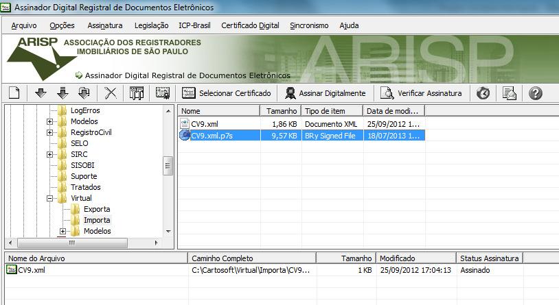 Na tela do sistema Assinador Arisp irá aparecer um novo arquivo com o