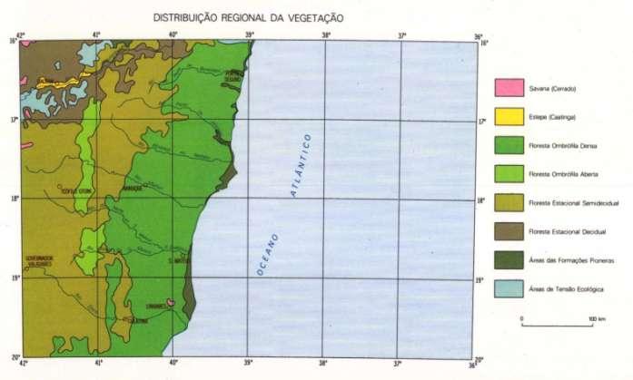 Figura 11. Distribuição da vegetação na região centro-norte do estado do Espírito Santo (segundo RADAMBRASIL, 1987).