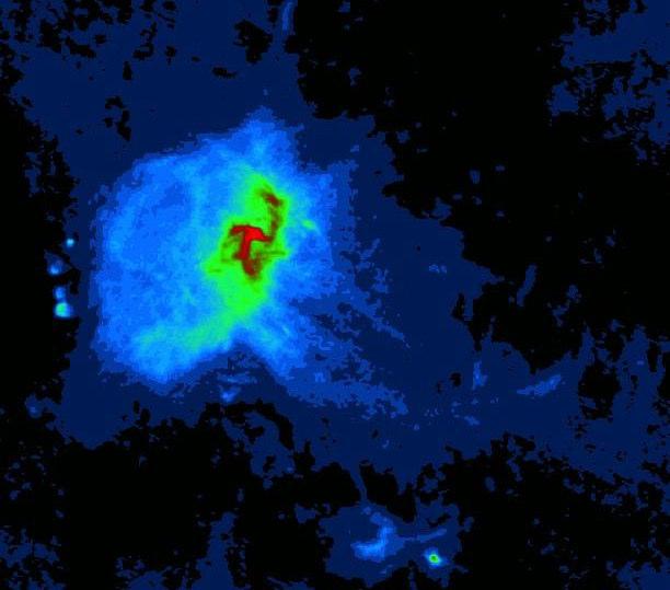 Imagem rádio dos 10 anos luz centrais Sgr A Este (azul e verde): Restos de uma hipernova que teve lugar apenas há algumas dezenas de milhares de anos.