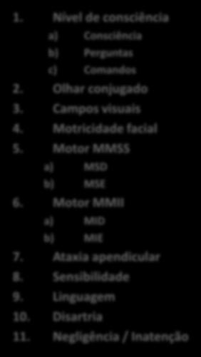 NIH Stroke Scale Escala padrão para AVCi Severidade Seguimento Prognóstico Exame neurológico dirigido 0 42 pontos < 5 leve > 10 mais severo 1.