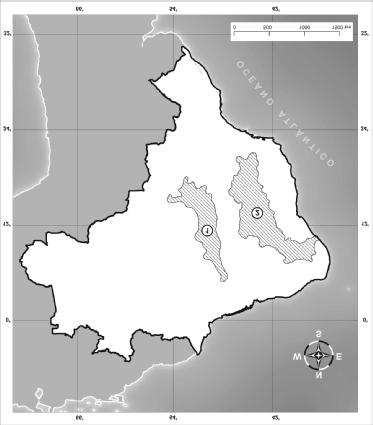 08. As áreas 1 e 2 indicadas no mapa a seguir são respectivamente A) Bacia do Araguaia e Bacia do tapecuru.