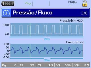 Observação: As preferências de unidades de pressão e de fluxo podem ser definidas no menu Configuração, Opções, e menu Configuração.