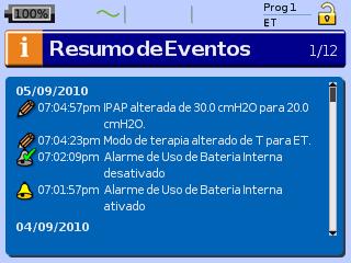 Menu Informação O menu Informação permite ver o resumo de eventos, os resultados do tratamento, informações sobre o dispositivo e lembretes.