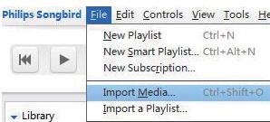 Importar arquivos de mídia Importar arquivos de mídia de outras pastas No Philips Songbird, vá para File Import Media no PC.