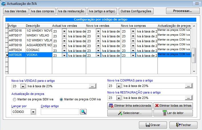 3 IVA Artigo a Artigo Esta opção permite configurar o código do IVA nas vendas, compras e restauração para os artigos que se indicar Novo IVA das vendas para o artigo Indique o código do IVA para