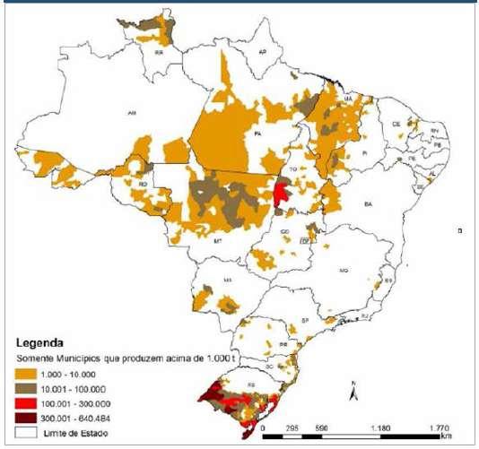 7.9 - Outras informações relevantes Principais estados produtores de arroz no Brasil (safra estimada em 2015/2016) Estado Fonte: CONAB Produção de Arroz (milhões de toneladas) O mapa abaixo apresenta