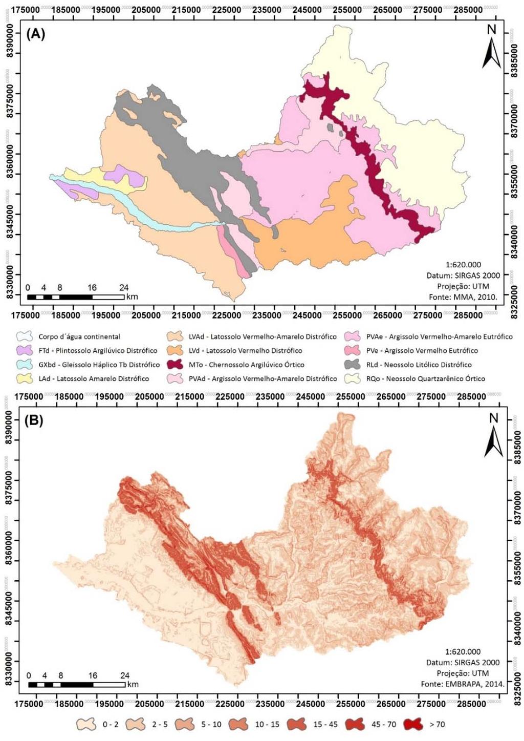 Figura 2. Distribuição espacial das classes de solo (A) e da declividade (B) na bacia do rio Sararé, sudoeste do estado de Mato Grosso. Org.: o autor.