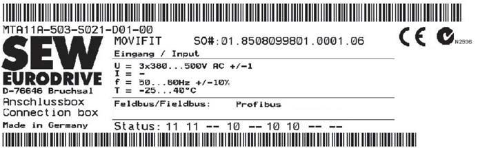 Estrutura do Equipamento Denominação do MOVIFIT FC 4 Exemplo da placa de identificação ABOX [1] 61154AXX [1] Campo de estado ABOX MT A 11 A - 50 3 -S02 1 - D 01-00 / BW1T Opcional ABOX BW1T/BW2T =