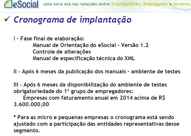 Prazo para inicio da obrigação Essas informação sobre PRAZOS constam no Portal esocial e no site da Receita