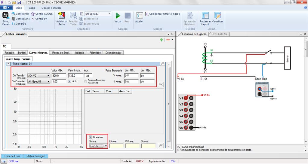 6.2 TC > Curva Magnet. > Curva Mag. Padrão Direcione os canais de injeção de tensão e medição de corrente.
