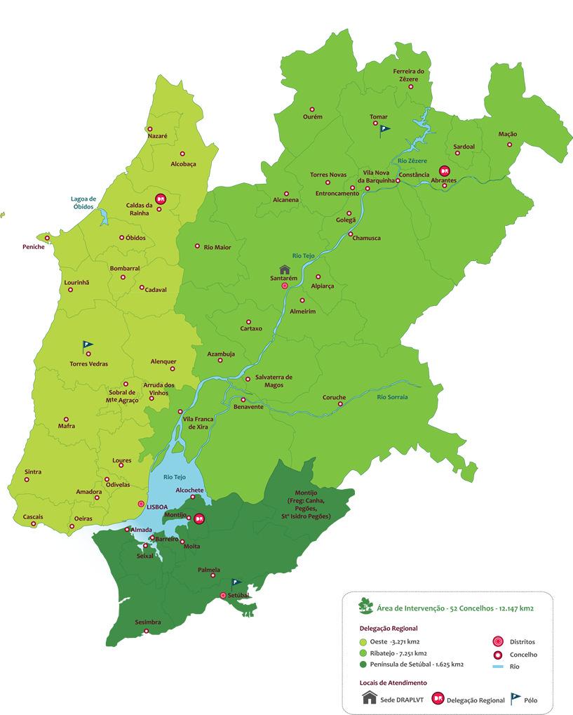 A abrange uma área geográfica de 12 147 Km2 (13,2% do território nacional), num total de 52 concelhos e 421