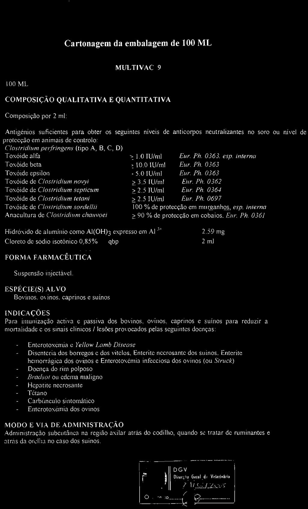 Anacultura de Clostridium chauvoei os seguintes níveis de anticorpos neutralizantes no soro ou nível de 1.0 IU/ml Eur. Ph. 0363, esp. interna 10.0 IU/ml Eur. Ph. 0363 5.0 IU/ml Eur. Ph. 0363 3.