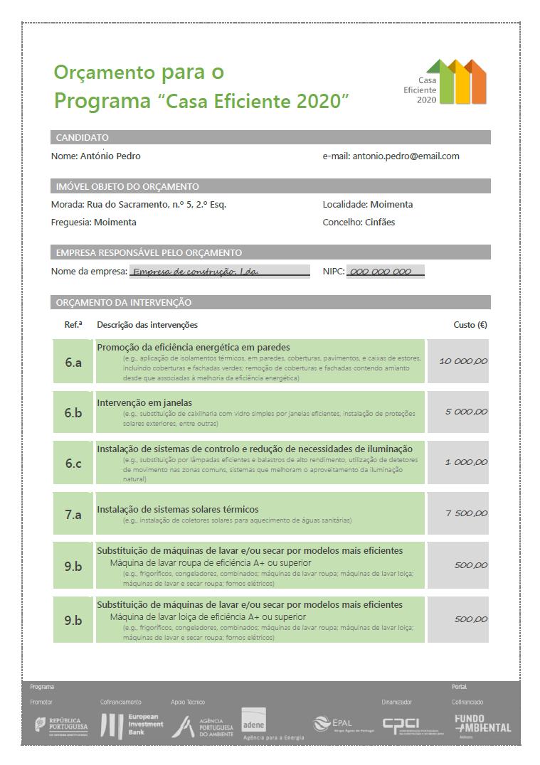 Orçamento modelo Identificação do candidato, imóvel e empresa de construção Orçamento discriminado das intervenções a realizar O