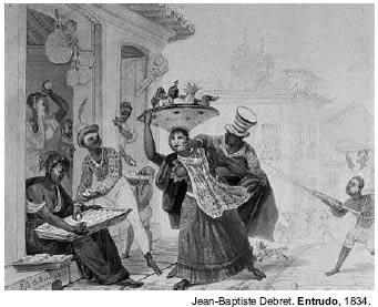 Questão 4 I Na obra Entrudo, de Jean-Baptiste Debret (1768-1848), apresentada ao lado, a) registram-se cenas da vida íntima dos senhores de engenho e suas relações com os escravos b) identifica-se a