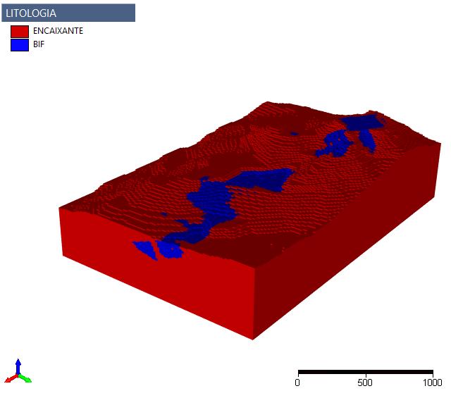 18 O modelo original apresenta subclassificações da litologia BIF (formação ferrífera bandada), mas para esse estudo houve uma simplificação de todas as litologias mineralizadas, uma vez que o