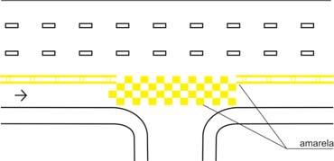 - Lado do quadrado: mínimo 1,00 m - Cor: amarela - para faixas exclusivas no contra-fluxo