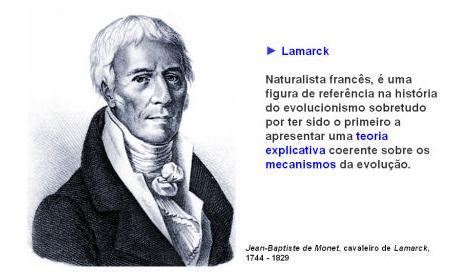 1. Teorias de Evolução 1.1 Lamarquismo: (Jean-Baptiste Lamarck - 1809) Espécies se modificam ao longo do tempo adaptando-se a novos ambientes.