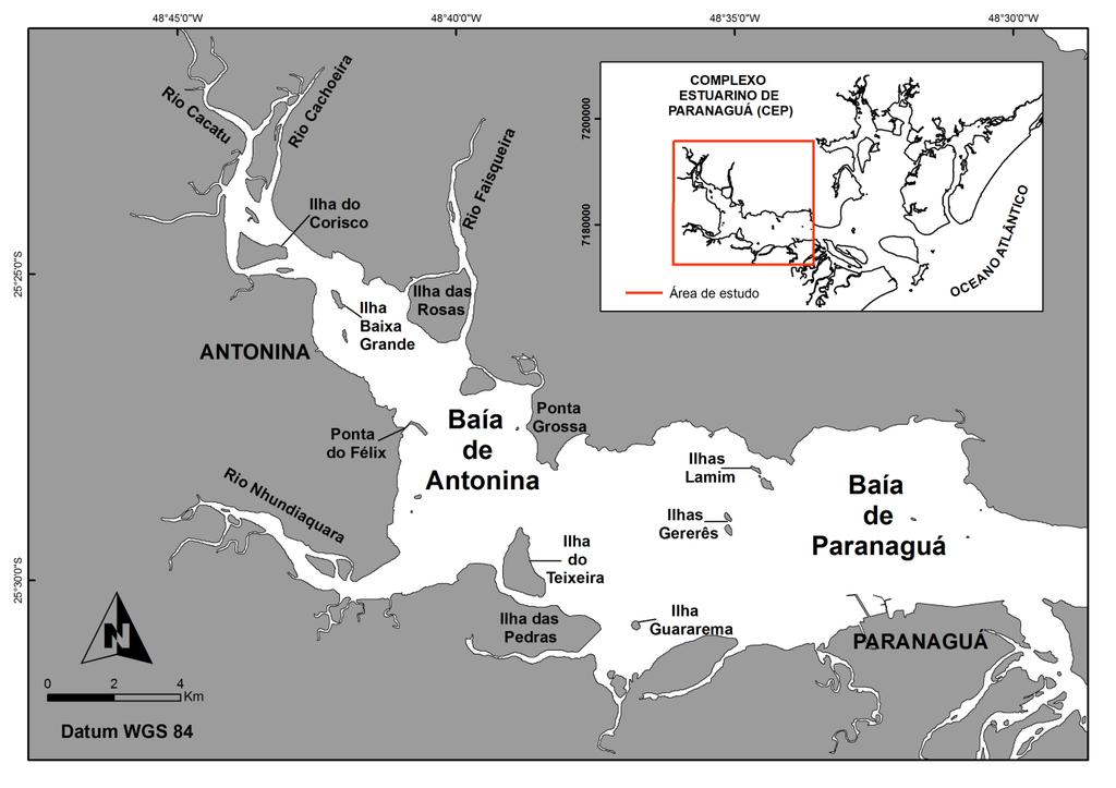 18 A área de estudo localiza-se no setor Leste-Oeste do CEP, abrangendo a Baía de Antonina e a Baía de Paranaguá, tendo como limite oriental o Porto de Paranaguá.