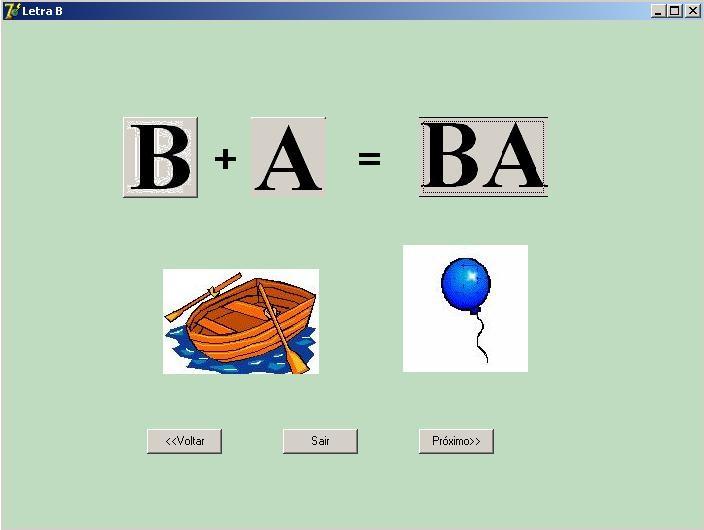 União da letra B com a Vogal A para formar a silaba BA. No próximo exercício a criança vai realizar a associação do fonema em questão com figuras do cotidiano.