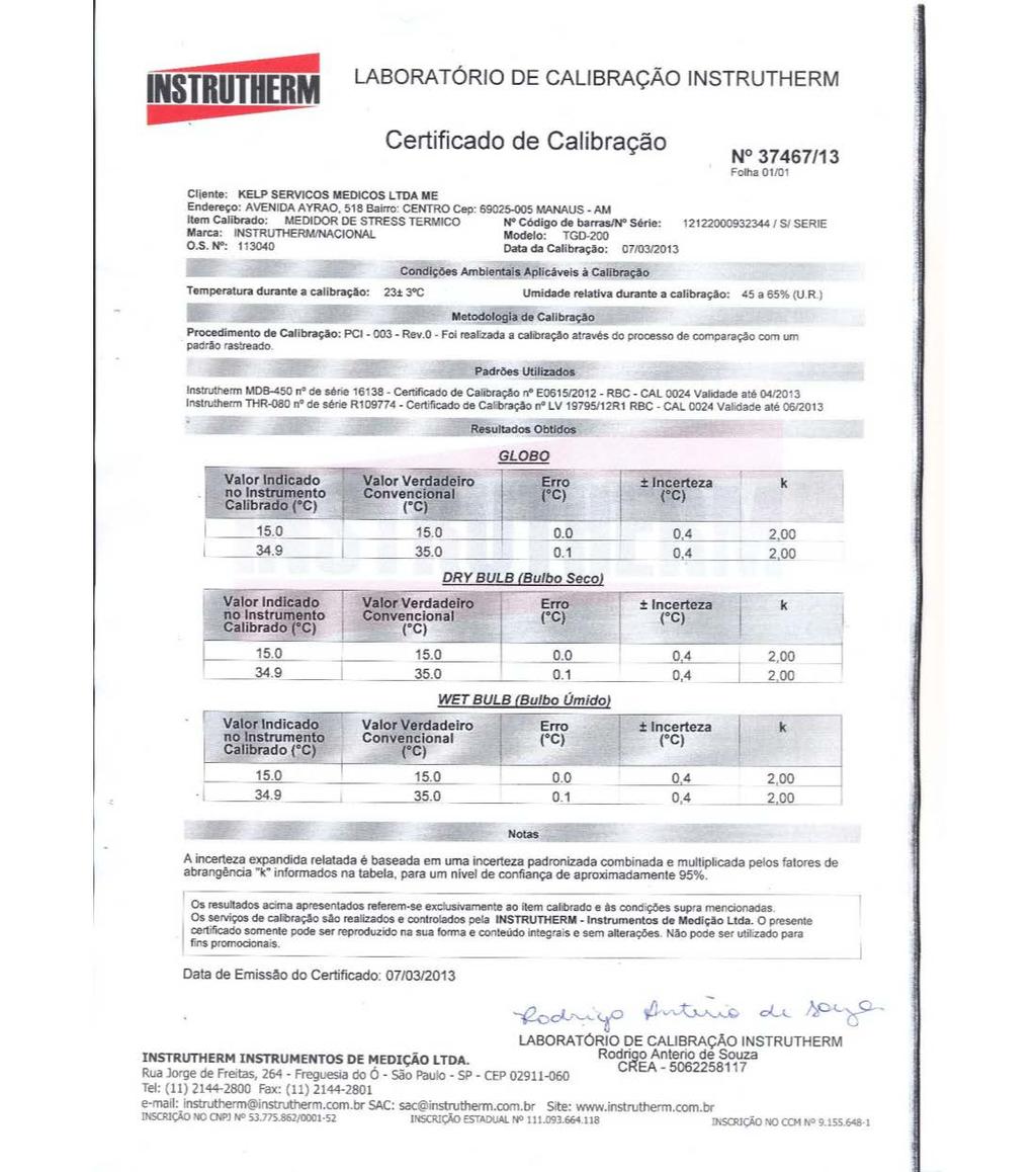 Descrição do Certificado: CERTIFICADO DE CALIBRAÇÃO