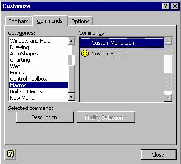 Comando no Menu ASSOCIAÇÃO DE UMA MACRO A UM COMANDO DO MENU 1. View / Toolbars / Customize 2. Na janela do Customize encontra-se no Commands Tab 3. Seleccione a categoria Macro 4.