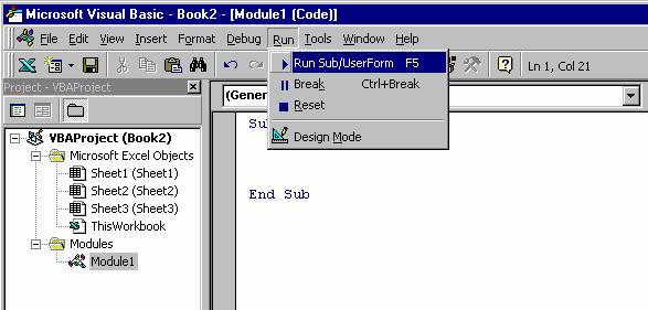 Editor de Visual Basic for Applications 1. Tools / Macro / Visual Basic Editor - para aceder ao Editor 2.