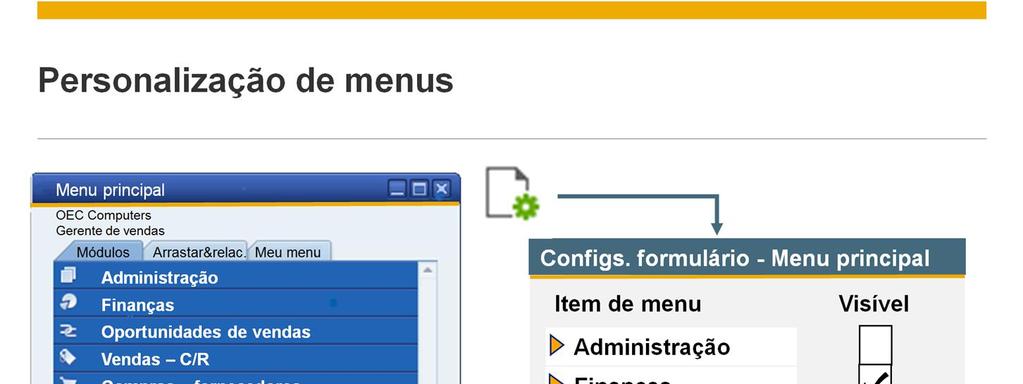 Todos os usuários podem personalizar ainda mais o menu para mostrar os módulos e as opções de menu de que precisam.