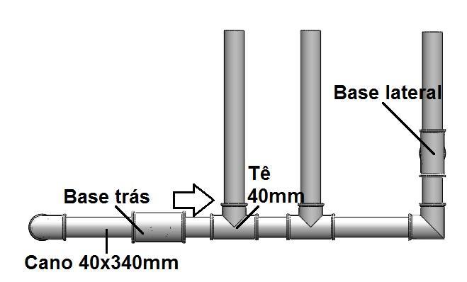 Passo 1:Deve-se unir a base trás com a base lateral por meio do Tê de 40 mm da base lateral e o cano de diâmetro 40 x 340 mm de comprimento como mostrado na figura 59.