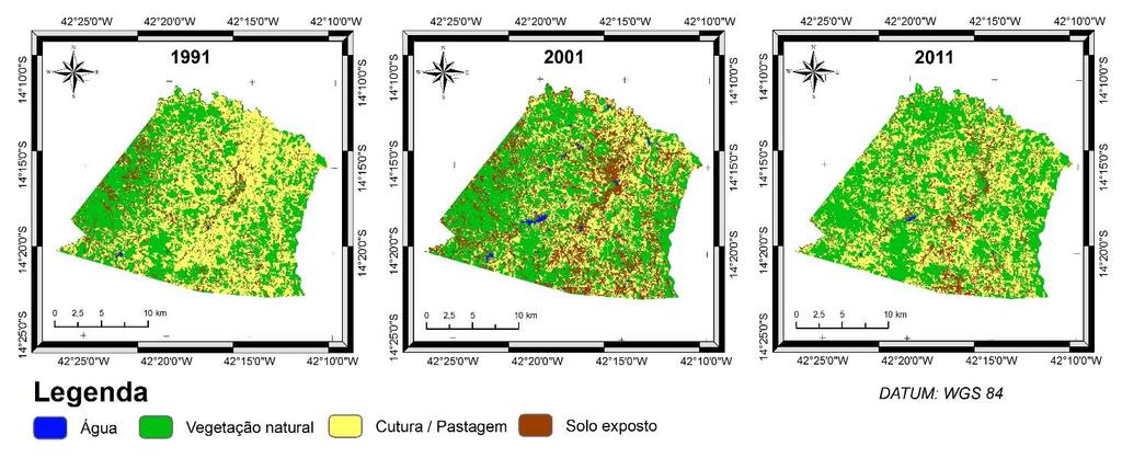 avaliação e classificada como desmatamento na avaliação seguinte; c) áreas classificadas como vegetação natural em todos os períodos avaliados (vegetação em comum); d) áreas classificadas como