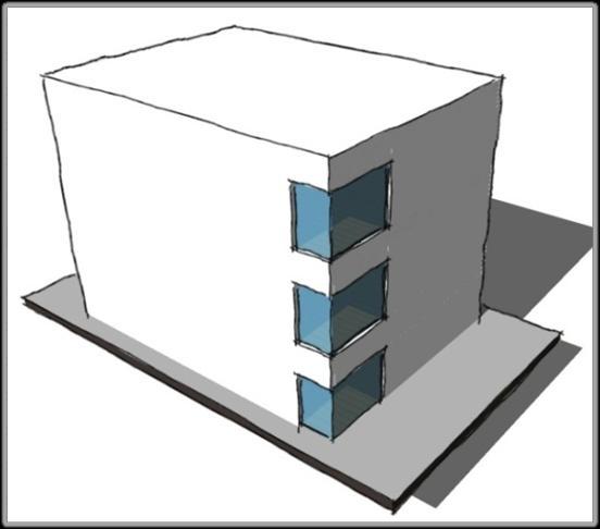 Manual de Aplicação do Regulamento Técnico da Qualidade RTQ-C Figura 6.4. Modelo de Referência com aberturas não proporcionais ao edifício proposto. Figura 6.5. Modelo de Referência correto.