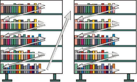 COMO ENCONTRAR SEU LIVRO NA ESTANTE: Os livros estão organizados na estante conforme a figura abaixo: Todos os livros possuem etiquetas na lombada; entenda mais sobre o que significa cada informação: