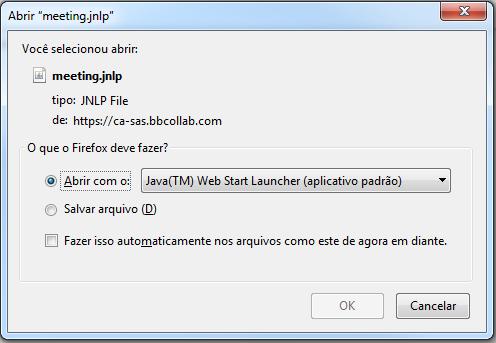 Caso o Java Web Start Launcher já esteja configurado para abrir esse tipo de arquivo, basta clicar em OK.