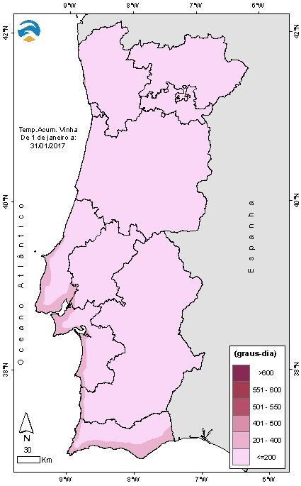 No Quadro III apresentam-se os valores da temperatura acumulada e o número de dias potencial do avanço e atraso das culturas no mês de janeiro de 2017, para algumas localidades do Continente, para