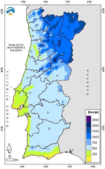 Quadro V - Número de horas de frio entre 01 de outubro 2016 e 31 de janeiro de 2017 Distrito Valor sede distrito V. Castelo 497 Bragança 1481 Vila Real 1071 Braga 758 Porto/P.