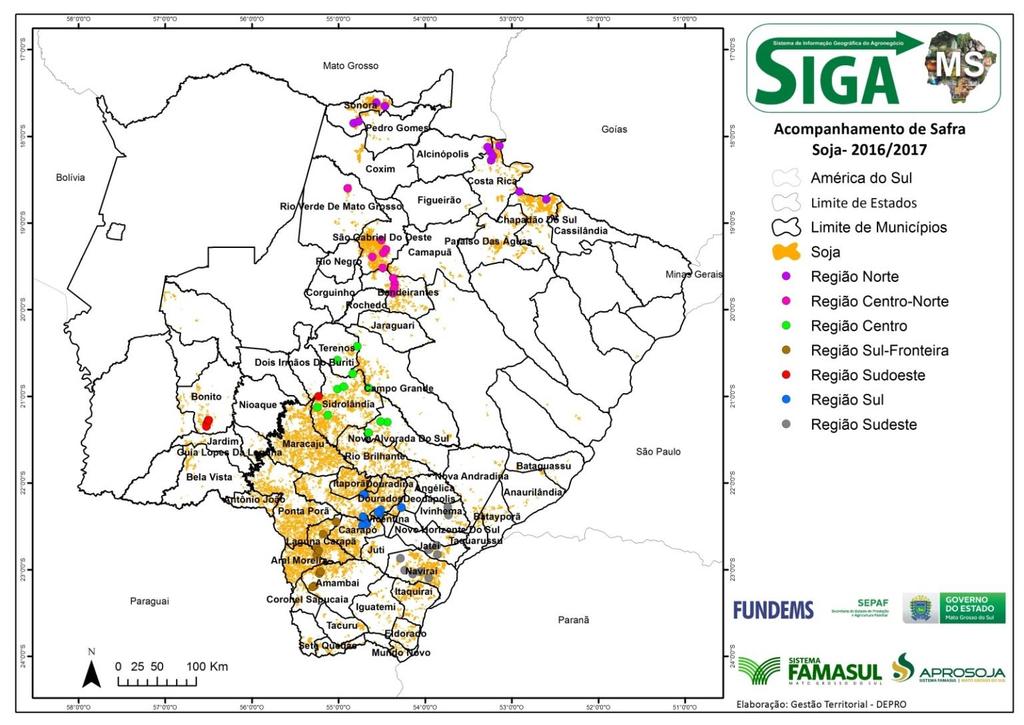 Acompanhamento de Safra Soja-2016/2017 Entre os dias 16 de novembro e 18 de novembro foram visitadas propriedades, nos principais municípios produtores do estado, para o acompanhamento de plantio da