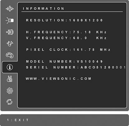 Controle Explicação Information (Informações) exibe o modo de sincronização (entrada do sinal de vídeo), vindo da placa gráfica em seu computador, o número do modelo LCD, o número de série e o URL do