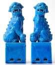 511 :: Par de cães de foo porcelana chinesa, decoração a azul, séc. XX. Dim.