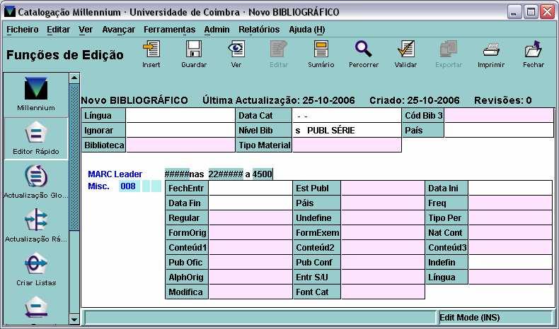 Figura 8 publicações em série Para o preencher, colocar o cursor em qualquer ponto do campo: - premir EDITAR, na barra de menu, ou clicar no botão direito do 'rato', e seleccionar EXPANDIR CAMPO: o