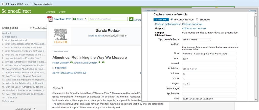 FUNÇÃO 5 OPÇÕES Ao acessar o documento completo, é possível guardar os registros bibliográficos no EndNote.