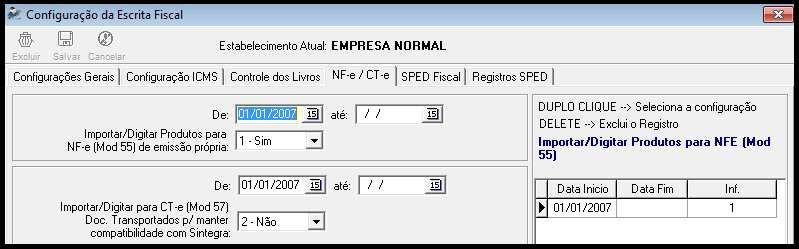 Pacote 3124 Configuração da Escrita Fiscal Nesse pacote a primeira aba que o usuário deverá revisar é a aba NF-e/CT-e : No primeiro campo Importar/Digitar Produtos para NF-e (Mod 55) de emissão