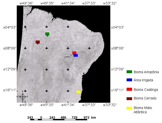 32 possíveis substituições de dados discrepantes. A Figura 6 apresenta uma imagem EVI do sensor MODIS com a localização exata dos pontos amostrais representando os biomas analisados na área de estudo.