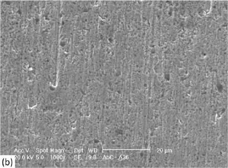 79. Figura 5.79 Análise via MEV da superfície após ensaio abrasivo-corrosivo: (a) 18Cr8Ni, (b) A36.