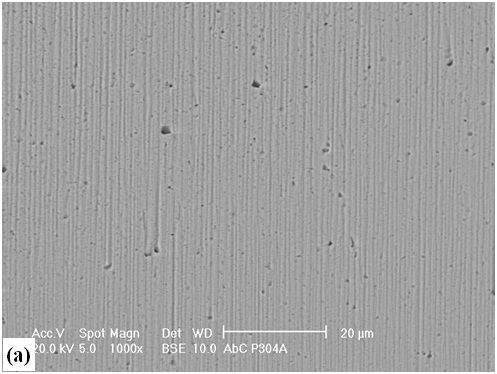 168 Figura 5.91 Análise via MEV-BSE nas superfícies das amostras do aço 18Cr8Ni após ensaios de (a) micro-abrasão-corrosão e de (b) micro-abrasão.