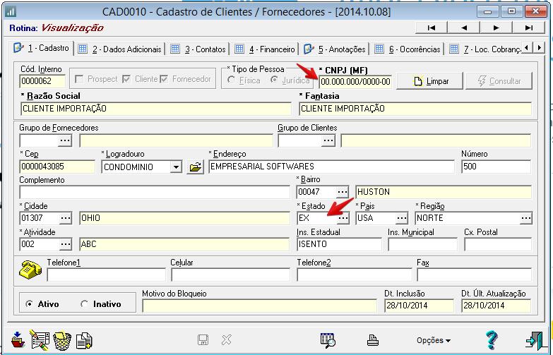 Cadastro de Cliente / Fornecedor O cadastro do Cliente/Fornecedor deve ser preenchido com as seguintes informações: CEP deve ser preenchido com o código válido para envio Estado deve ser preenchido