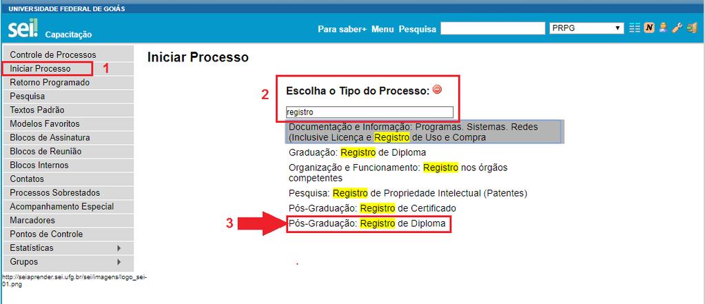 12 2.1. INICIAR PROCESSO DE REGISTRO DE DIPLOMAS Passo 1: Clique em Iniciar Processo; Passo 2: Dentro do campo Escolha o Tipo do Processo, digite: registro; Passo 3: Selecione o Tipo de Processo: