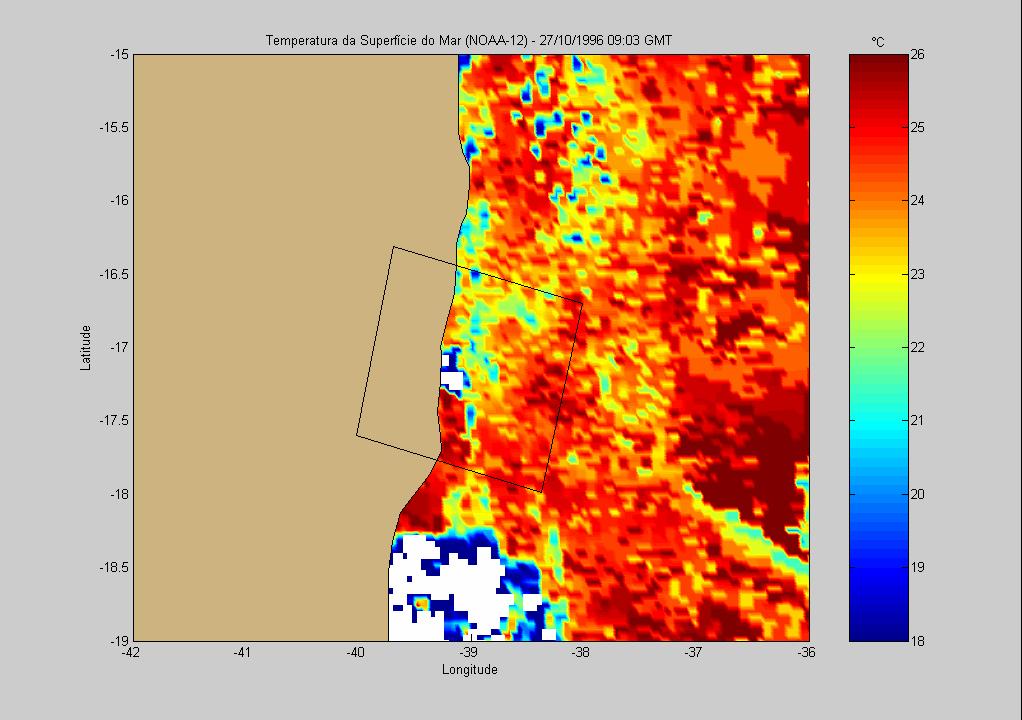 Figura 62 Temperatura da Superfície do Mar no dia 27/10/1996, obtida pelo sensor AVHRR, a bordo do satélite NOAA-12, as 09:03 hs (Greenwich Meridian Time - GMT).